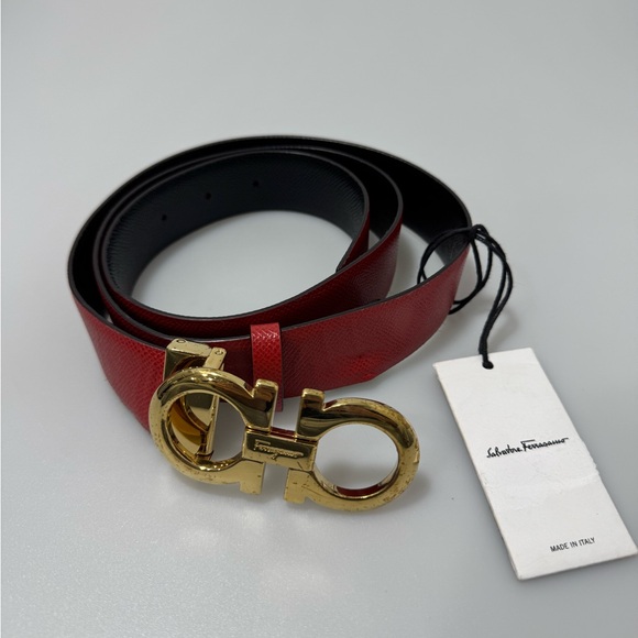 Ferragamo Reversible Belt Gancini Red Black Gold Buckle Size